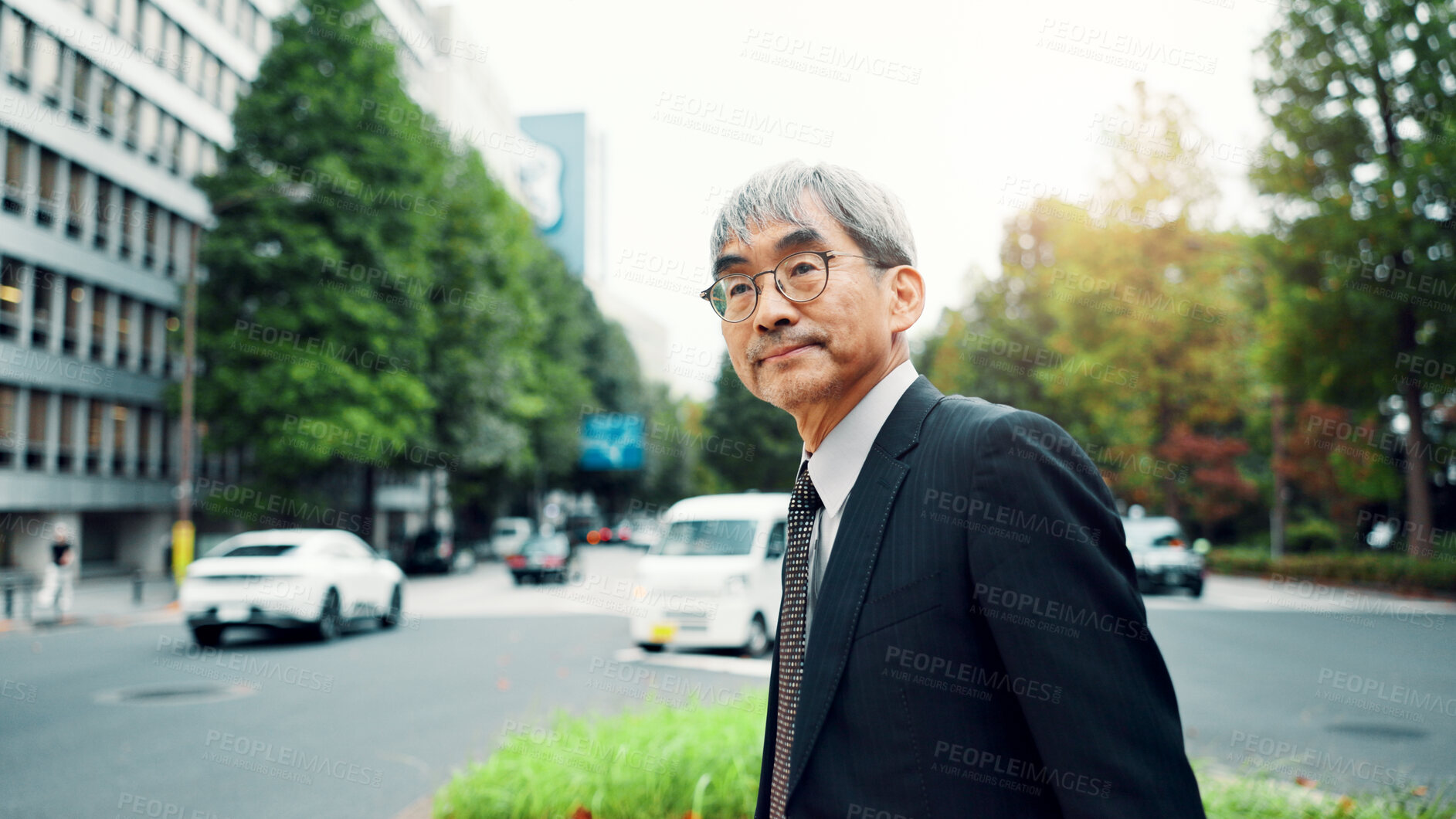 Buy stock photo Japan, walking or business with mature man in city, travel or commute with journey. Asian person, outdoor or accountant in street, wonder or thinking with financial consultant, building or urban town