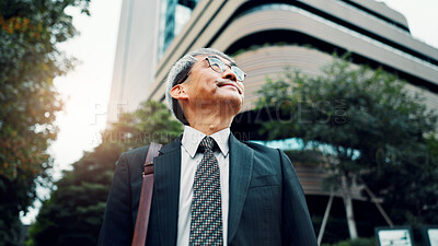 Buy stock photo Outdoor, business and man thinking in city for commuting or traveling to workplace as lawyer in Japan. Mature person, employee and thoughts or ideas in downtown Tokyo for vision and future planning