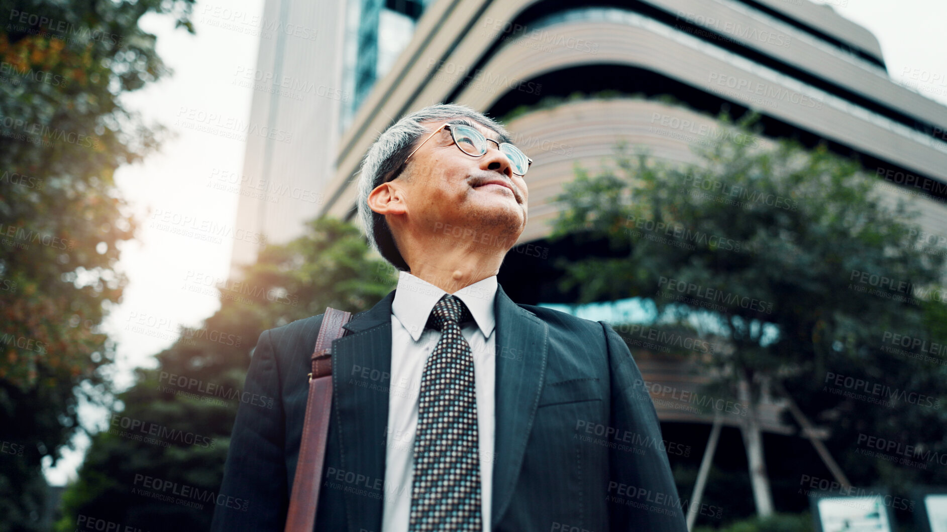 Buy stock photo Outdoor, business and man thinking in city for commuting or traveling to workplace as lawyer in Japan. Mature person, employee and thoughts or ideas in downtown Tokyo for vision and future planning