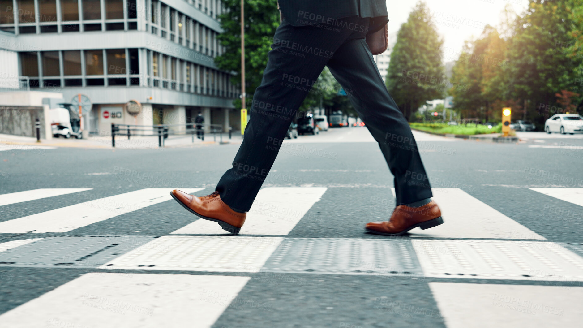 Buy stock photo Feet, location and businessman in street for travel with corporate trip or commuting pedestrian in city. Shoes, legal career and closeup of male lawyer legs walking in road in urban town in Japan.