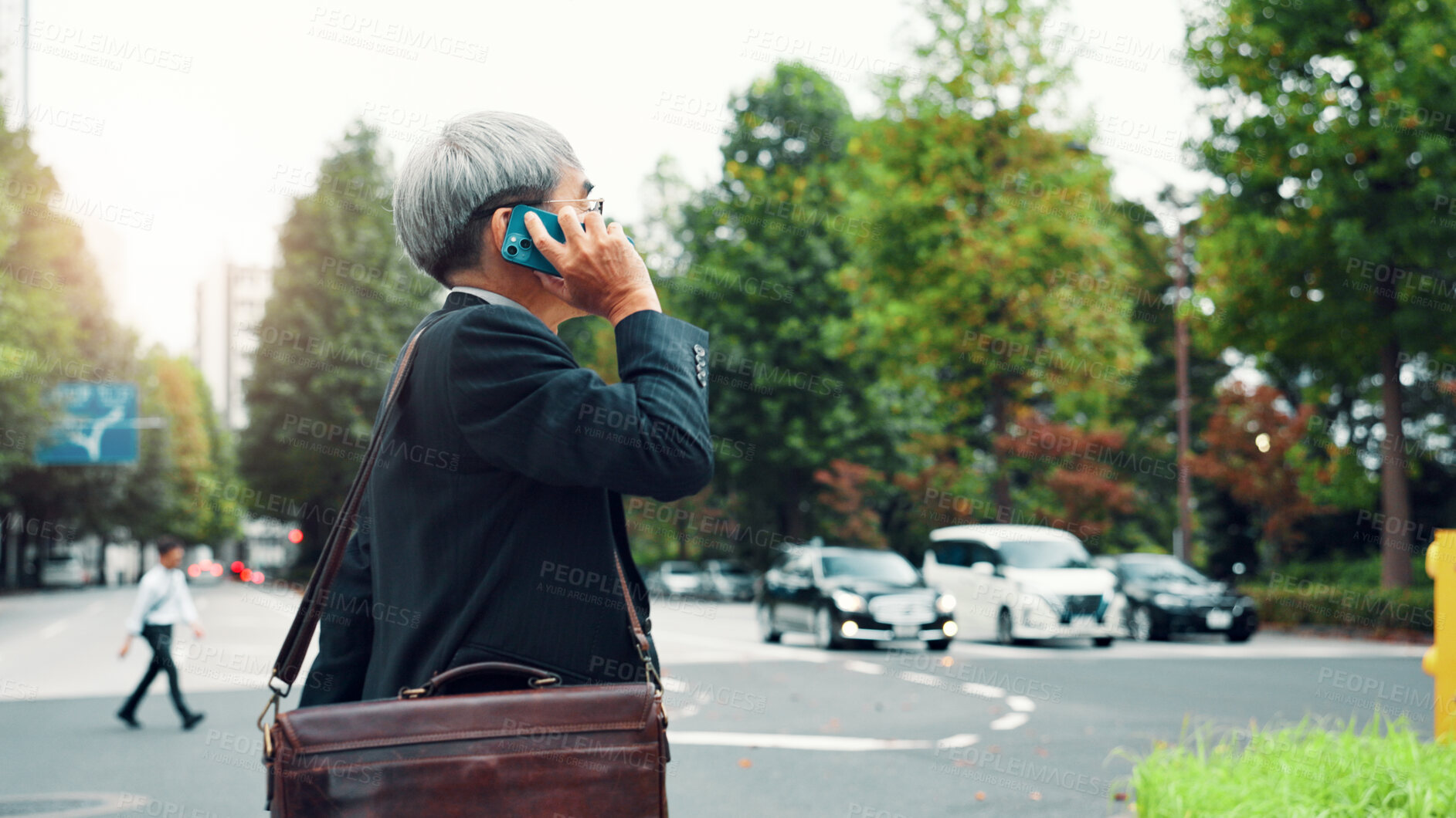 Buy stock photo Japan, phone call and business with man, walking and conversation with contact. Mature person, outdoor and employee in city, smartphone and connection with communication and digital app for chatting