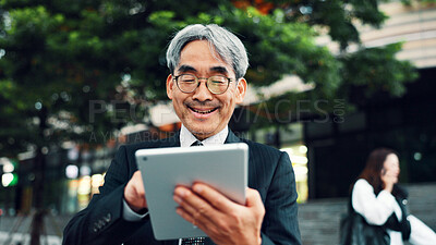 Buy stock photo Outdoor, businessman and happy with tablet on website for stock exchange rates in Japan. Mature person, city and smile as employee in finance on internet or app for market share or investment returns
