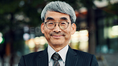 Buy stock photo Happy, confident and portrait of businessman in city with positive attitude for finance career. Smile, glasses and Japanese mature male financial executive with pride for company revenue in town.