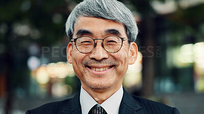 Buy stock photo Smile, confident and portrait of businessman in city with positive attitude for finance career. Happy, glasses and Japanese mature male financial executive with pride for company revenue in town.