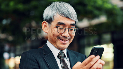 Buy stock photo Japanese, business and man with phone in city for communication, travel website and schedule update. Mature, person and mobile with corporate negotiation, location directions and information in Japan