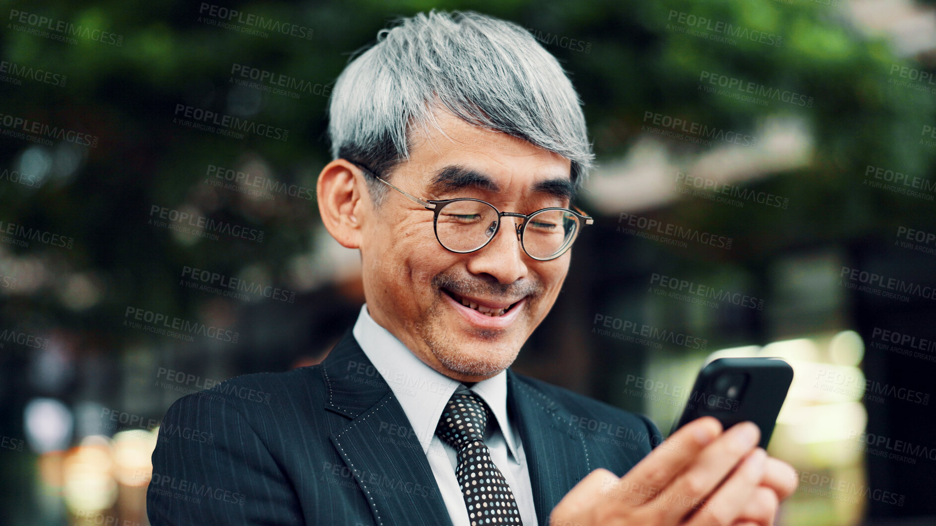 Buy stock photo Japanese, business and man with phone in city for communication, travel website and schedule update. Mature, person and mobile with corporate negotiation, location directions and information in Japan