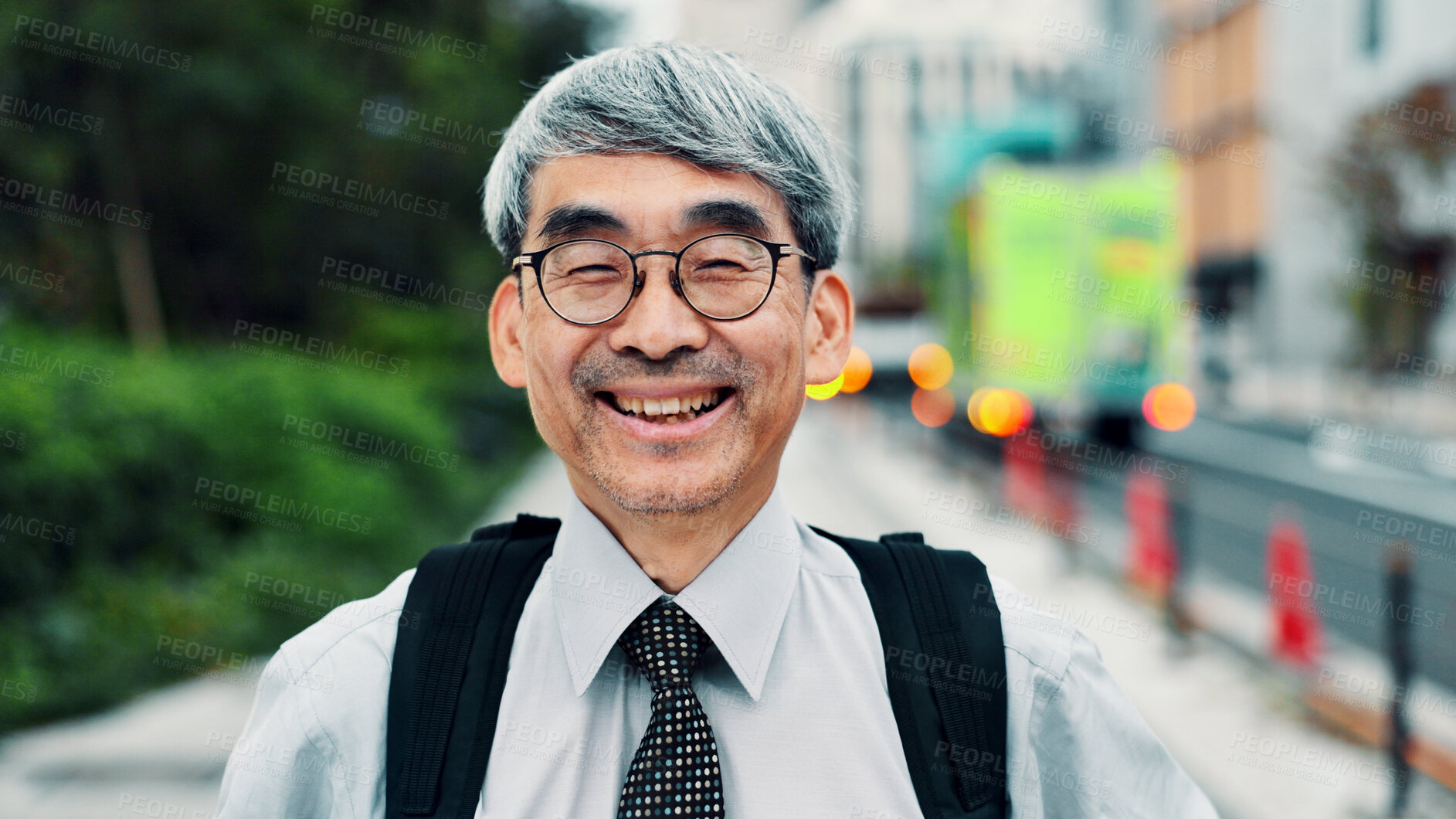 Buy stock photo Happy, pride and portrait of businessman in city with positive attitude for finance career. Smile, glasses and Japanese mature male financial executive with confidence for corporate company in town.