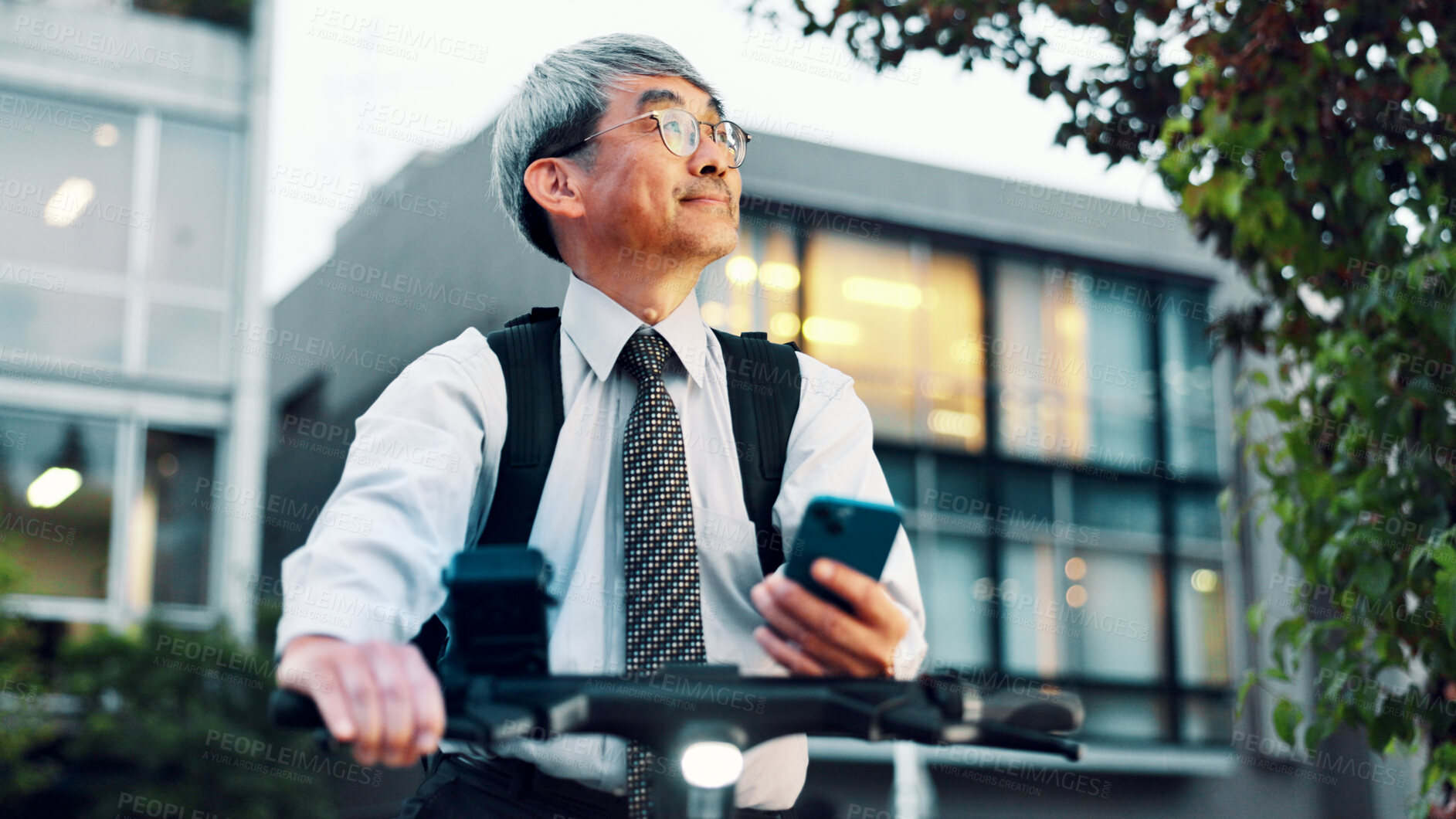 Buy stock photo Businessman, phone or electrical bike for urban travel, clean energy or sustainable transport. Thinking, mature and eco friendly bicycle with mobile app for location, city commute or map in Japan