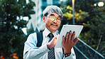 Outdoor, businessman and smile with tablet on website for stock exchange rates in Japan. Mature person, city and happy as employee in finance on internet or app for market share or investment returns