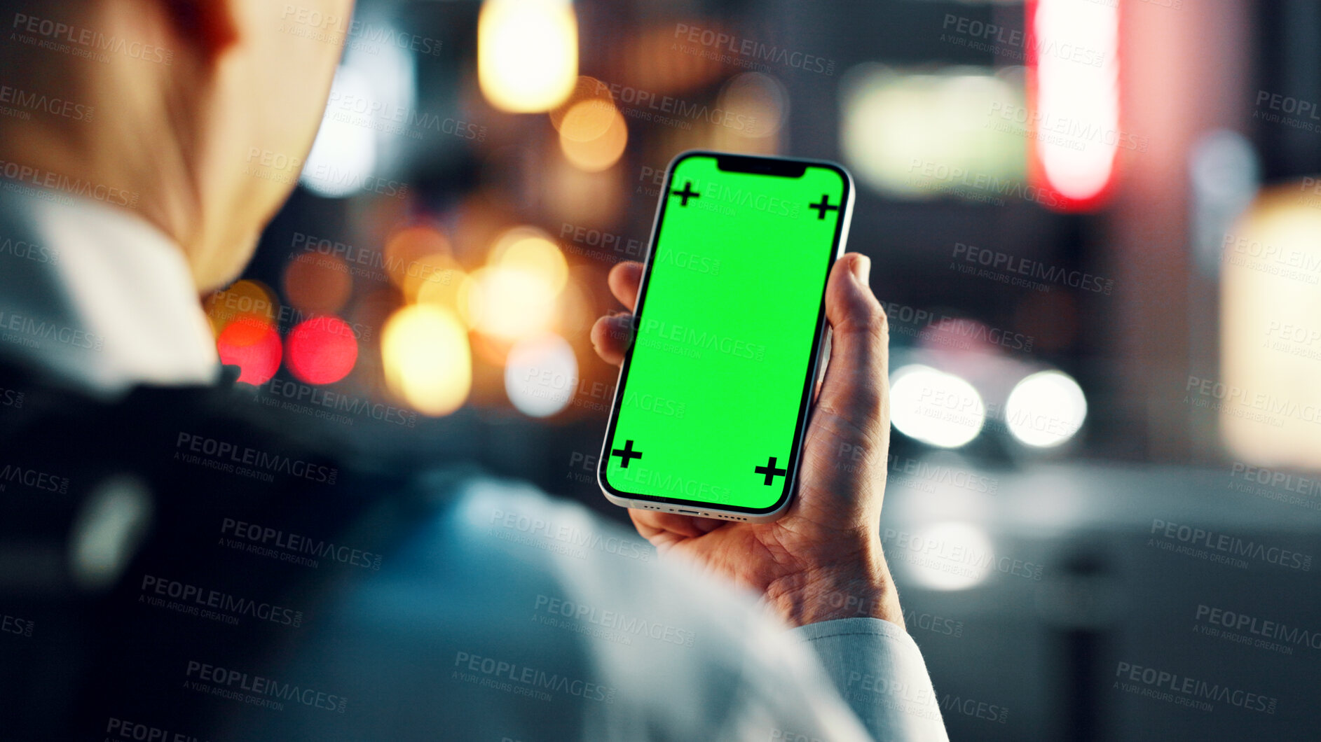 Buy stock photo Night, city and person with phone, green screen and tracking marker for travel website in Japan. Smartphone, chromakey and man on mobile app for online map, location search or urban commute from back