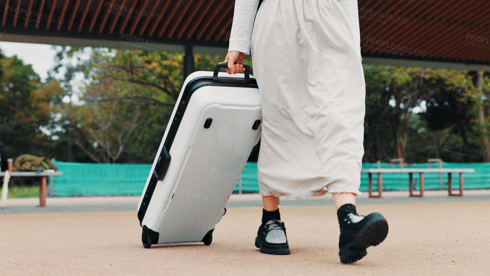 Buy stock photo Person, walking and legs of archer with bag for training, field or preparing for competition, equipment or game. Hands, athlete and practice in tournament with gear, challenge and sports in Japan