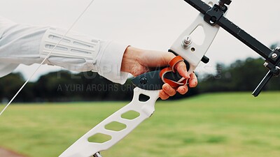 Buy stock photo Hands, archer and bow for training, ready and preparing for competition, equipment and outdoor for game. Contest, athlete and practice from tournament, skills and challenge for person in Japan