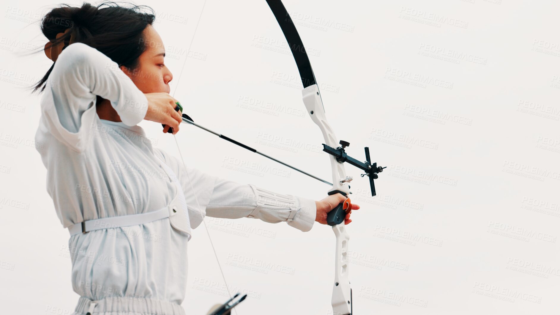 Buy stock photo Woman, archery and aim at sky as sport for shooting practice and training as athlete in Japan. Tournament, female person and target with recurve bow or equipment for challenge, game or competition