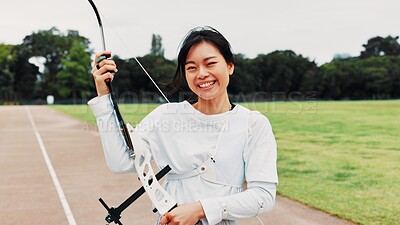 Buy stock photo Woman, portrait and athlete for archery training at academy, outdoor exercise and weapon. Female person, shooting challenge and field for competition games, learning and practice with tool in japan