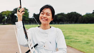 Buy stock photo Archery, woman and portrait with bow outdoor for shooting practice, martial arts tradition and sport competition. Japanese culture, archer and equipment for kyudo, precision exercise or target lesson