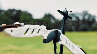 Buy stock photo Archery, sports and closeup of bow in field for target practice, challenge and competition outdoors. Shooting range, crossbow and equipment for tournament, game and    training for hobby in Japan