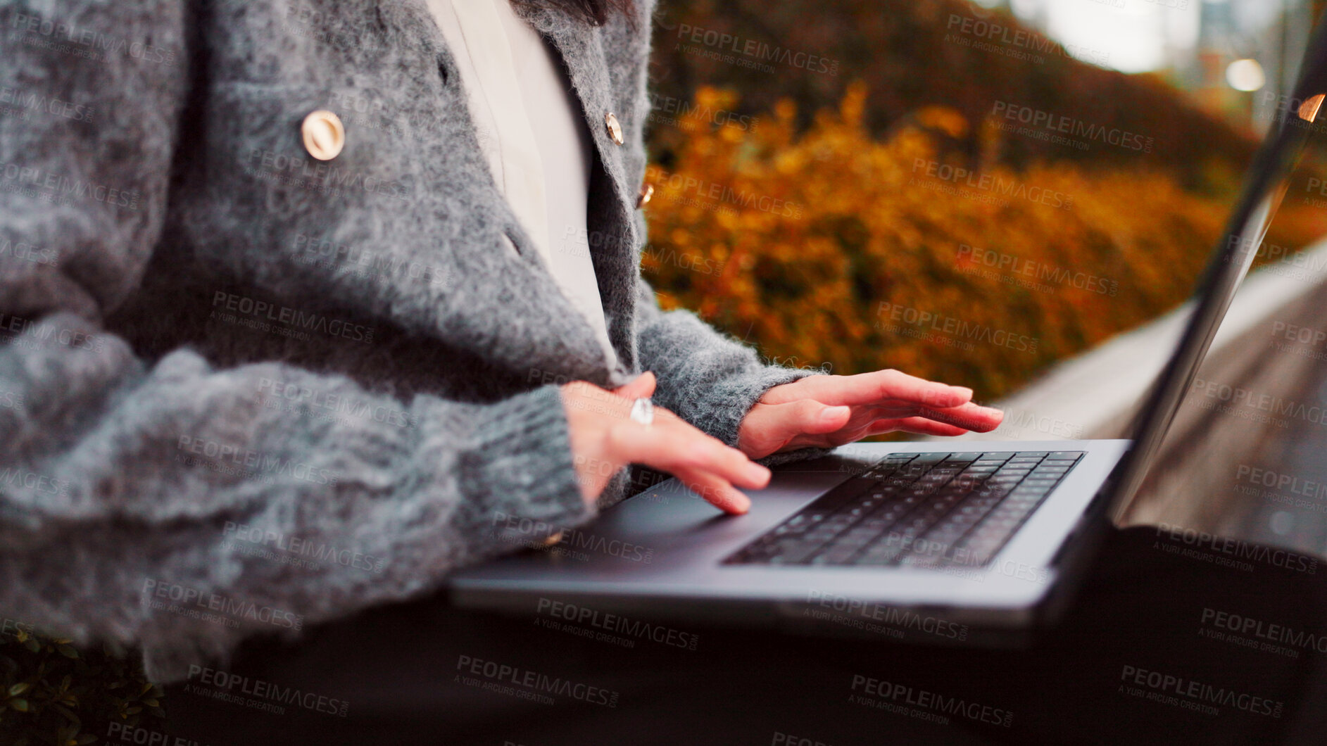 Buy stock photo Hands, laptop and bench outdoors for writing, remote work and online email for copywriter. Japanese person, park and digital writer with creative project, typing and job in Tokyo with technology