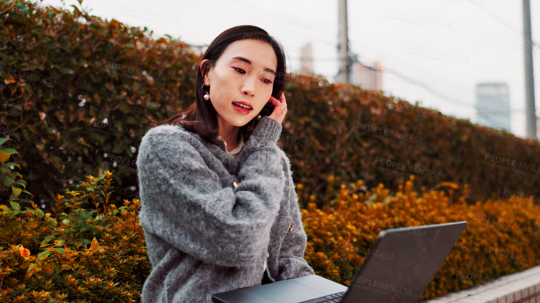 Buy stock photo Thinking, laptop and bench outdoors for writing, remote work and online email for copywriter. Japanese woman, park and digital writer with creative project, typing and job in Tokyo with technology