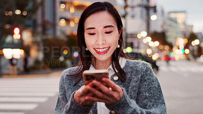 Buy stock photo Smile, mobile and woman in city for travel, text message and bokeh on holiday in Japan. Happy, phone and person on street for chat, communication and reading post on social media profile at night