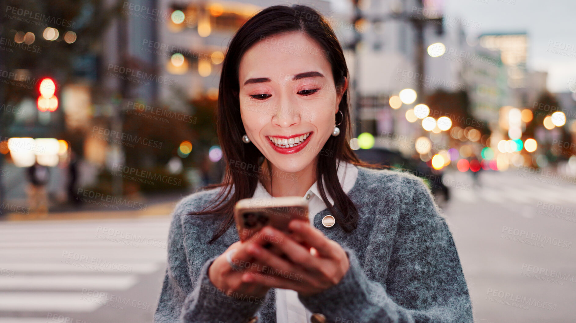 Buy stock photo Smile, mobile and woman in city for travel, text message and bokeh on holiday in Japan. Happy, phone and person on street for chat, communication and reading post on social media profile at night