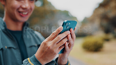 Buy stock photo Hands, fitness and smile with phone in park searching for online exercise program for health. Sports, cellphone and athlete person browsing website for workout, routine and outdoor in Japan nature