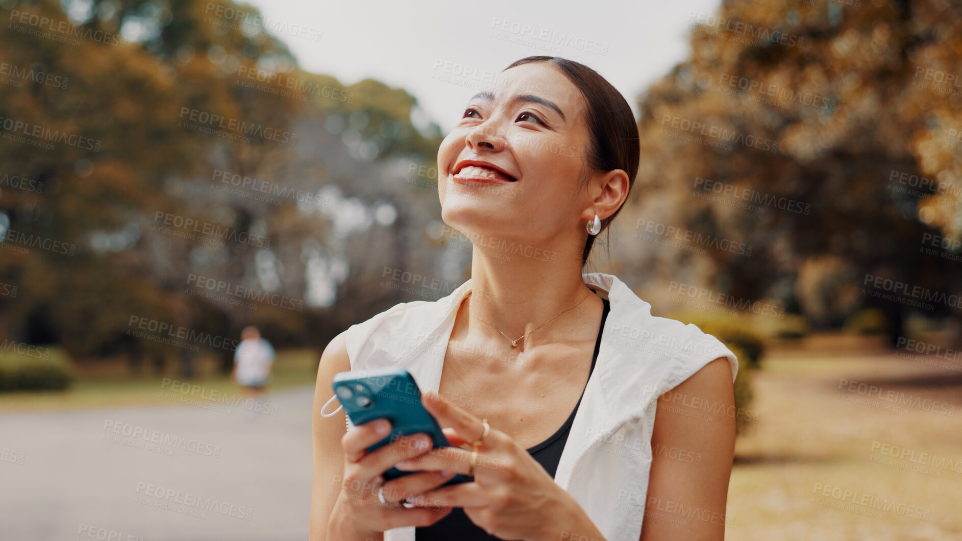 Buy stock photo Smile, woman and thinking with phone of fitness outdoor, communication and research of exercise application. Happy, athlete and mobile for gym membership, training schedule and sport routine in Japan