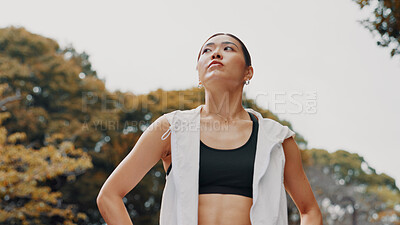 Buy stock photo Woman, running and thinking on break in nature, fitness and outdoor for dream of weight target. Female person, urban park and reflection on exercise results, resting and cardio workout in Japan