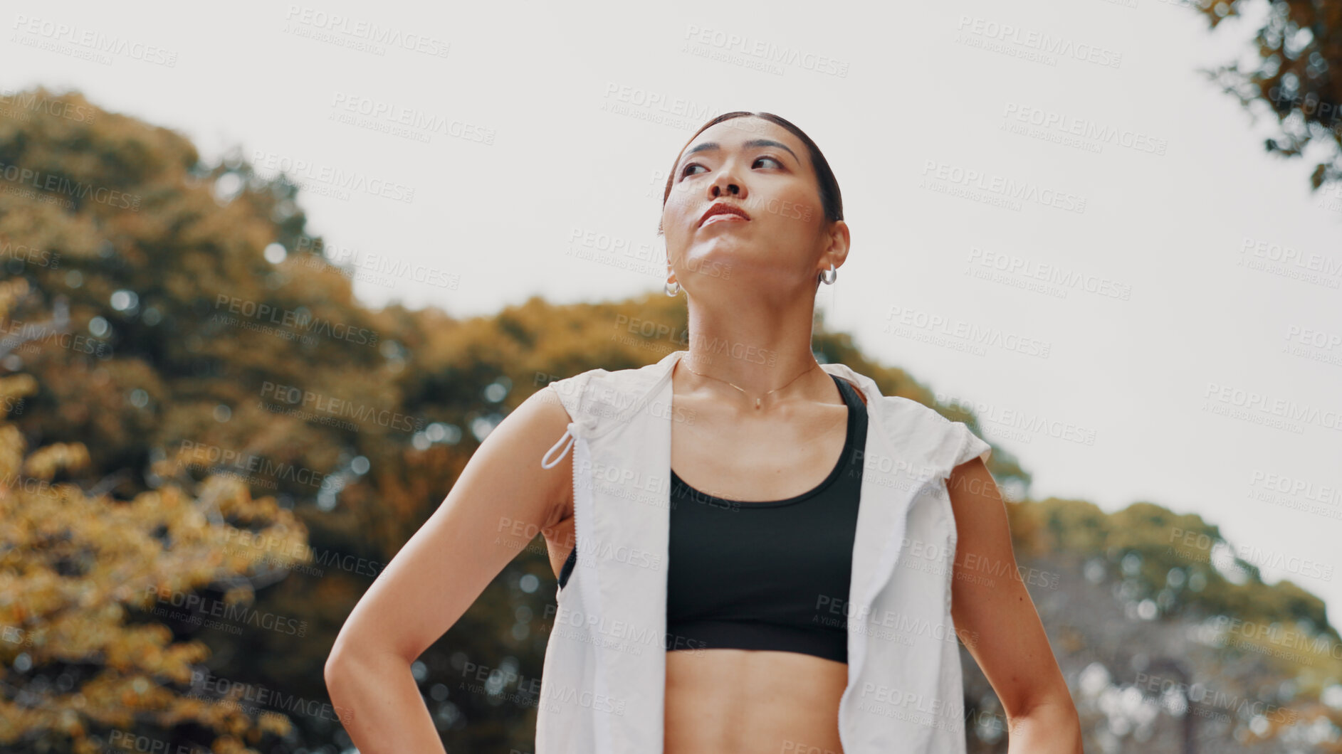 Buy stock photo Woman, running and thinking on break in nature, fitness and outdoor for dream of weight target. Female person, urban park and reflection on exercise results, resting and cardio workout in Japan