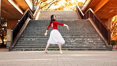 Buy stock photo Woman, portrait and ballet dancing in city, outdoor and practice performance for autumn art. Female person, professional dancer and creative talent in Japan, rehearsal and urban town for elegance