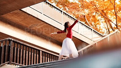 Buy stock photo Woman, stairs and ballet dancing in city, outdoor and practice performance for autumn art. Female person, professional dancer and creative talent in Japan, rehearsal and urban town steps for elegance