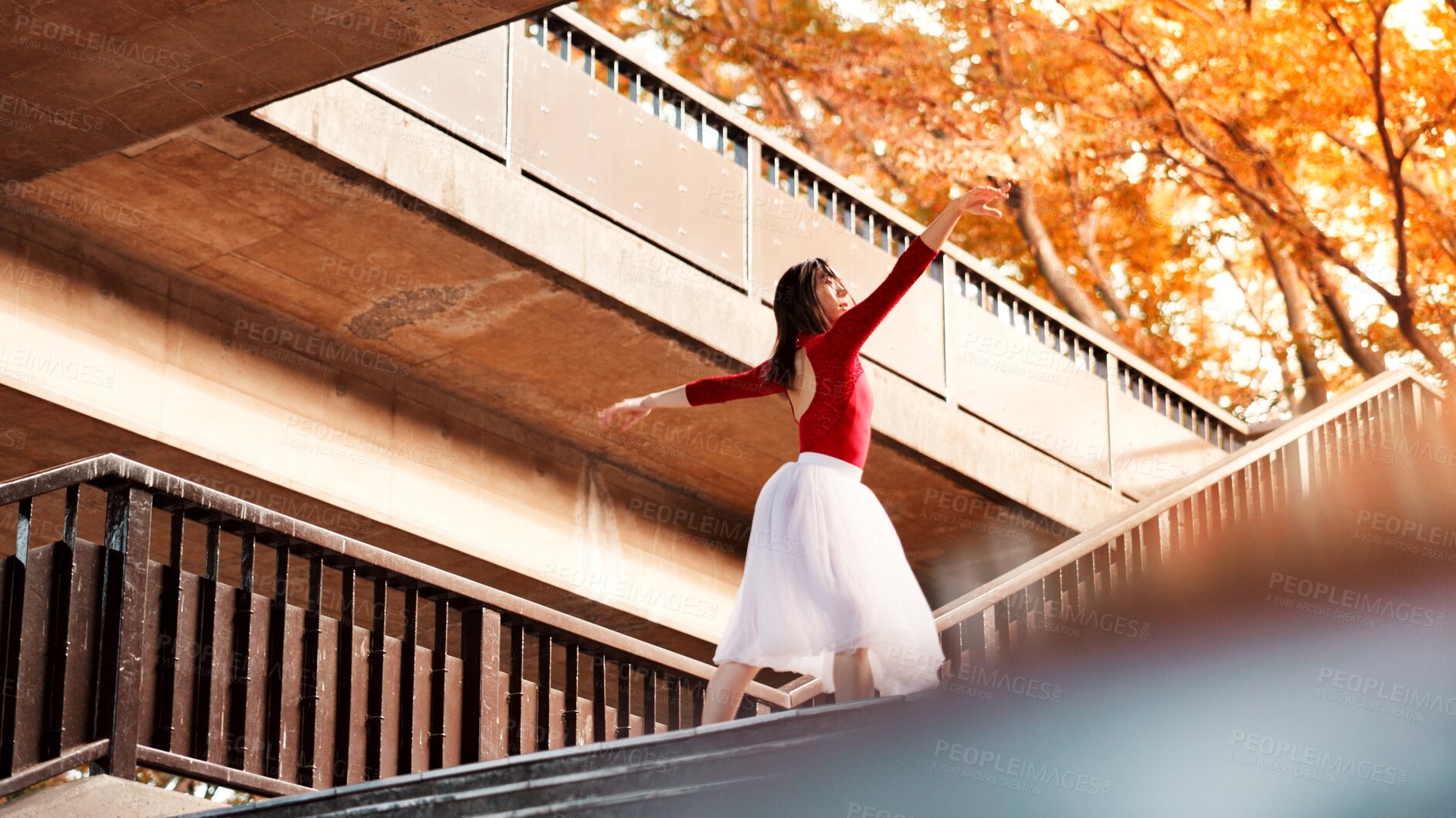 Buy stock photo Woman, stairs and ballet dancing in city, outdoor and practice performance for autumn art. Female person, professional dancer and creative talent in Japan, rehearsal and urban town steps for elegance