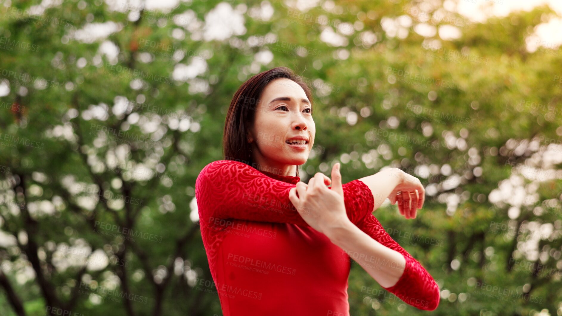 Buy stock photo Woman, dancer and stretching arms in park for warm up, fitness or ready for performance in nature. Person, ballet and rehearsal for concert, contest or recital with art, talent and prepare in Japan