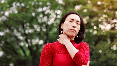 Buy stock photo Woman, dancing and neck pain in park with injury, fitness and mistake for performance in nature. Person, ballet and rehearsal for concert with ache, strain or muscle cramp with creativity in Japan