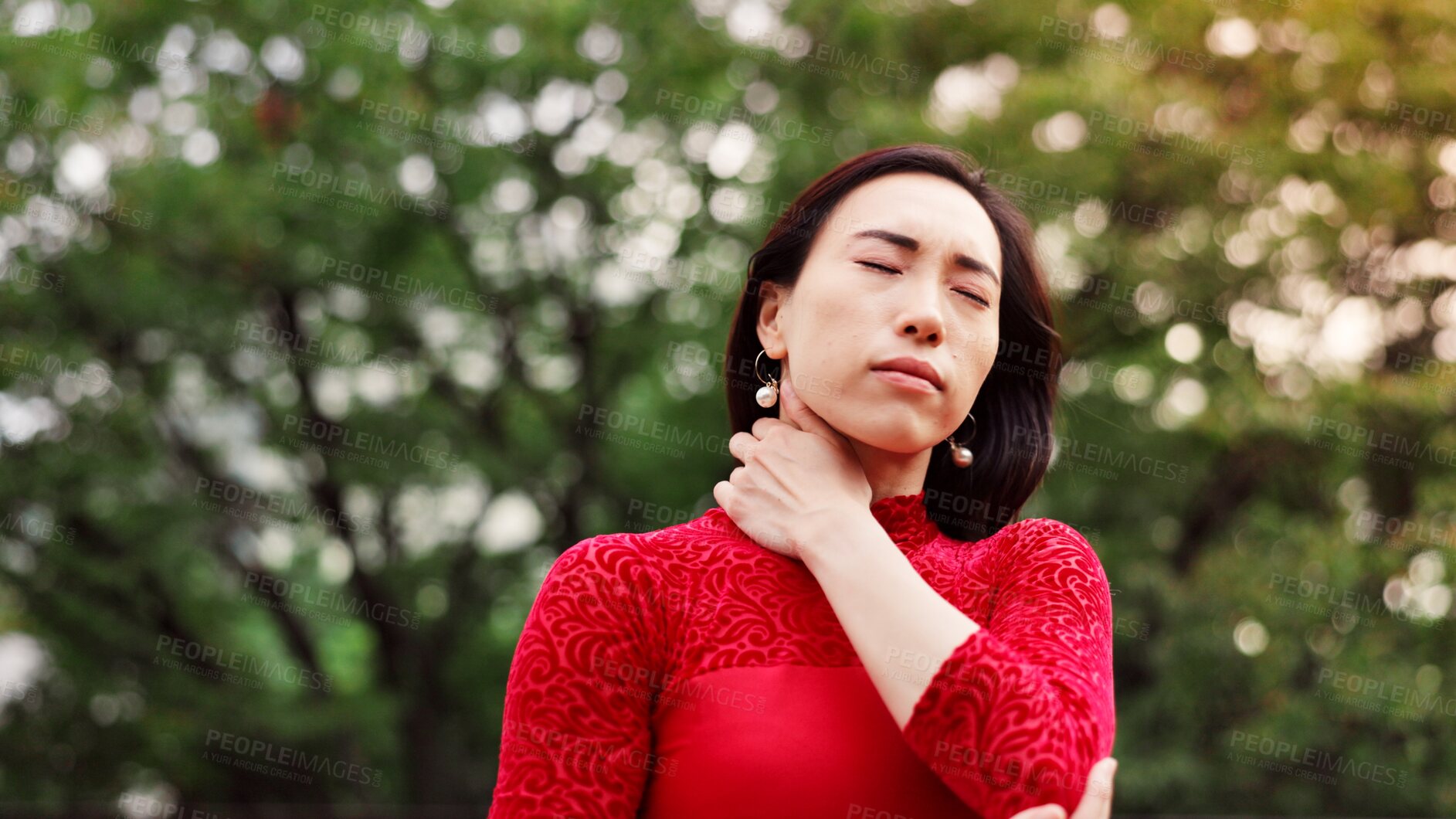 Buy stock photo Woman, dancing and neck pain in park with injury, fitness and mistake for performance in nature. Person, ballet and rehearsal for concert with ache, strain or muscle cramp with creativity in Japan