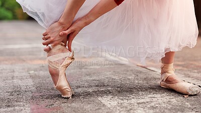 Buy stock photo Stretching, shoes and ballet with woman in street of Japan for dancing, performance and talent. Dancer , theatre and ballerina with closeup of feet of person in city for outdoor, warm up and artist