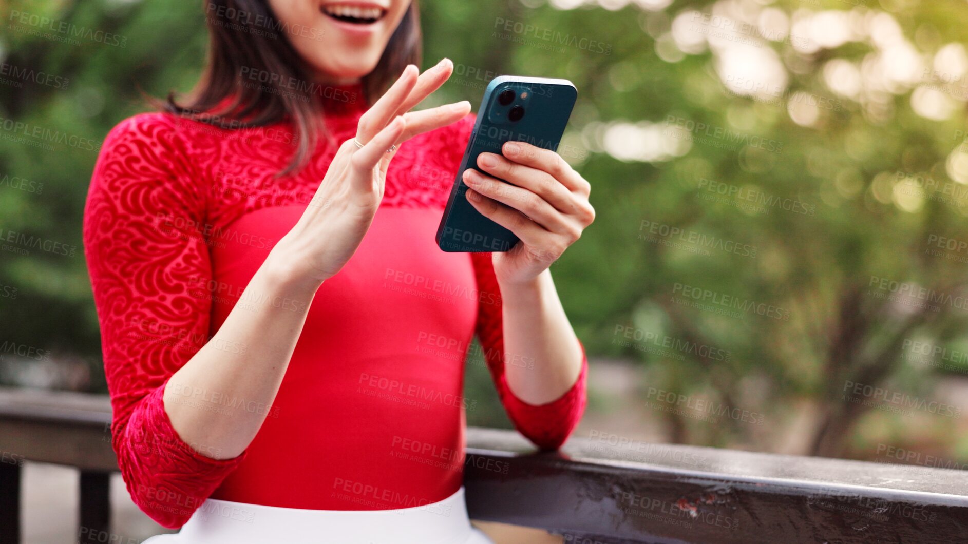 Buy stock photo Hands, phone and scroll at park, outdoor and happy for notification, chat and mobile app on patio in summer. Person, smartphone and smile in garden for contact, texting and social network in Japan