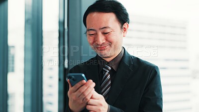Buy stock photo Businessman, phone or smile at window for research, planning or feedback in Japanese company. Finance investor, tech or reading in office for audit report, stock market news or investment opportunity