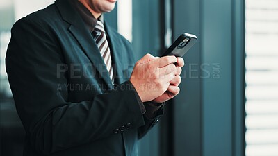 Buy stock photo Hands, typing and man in office with phone, online chat and communication for legal business in Japan. Smartphone, search and businessman on mobile app, networking and schedule planning at law firm