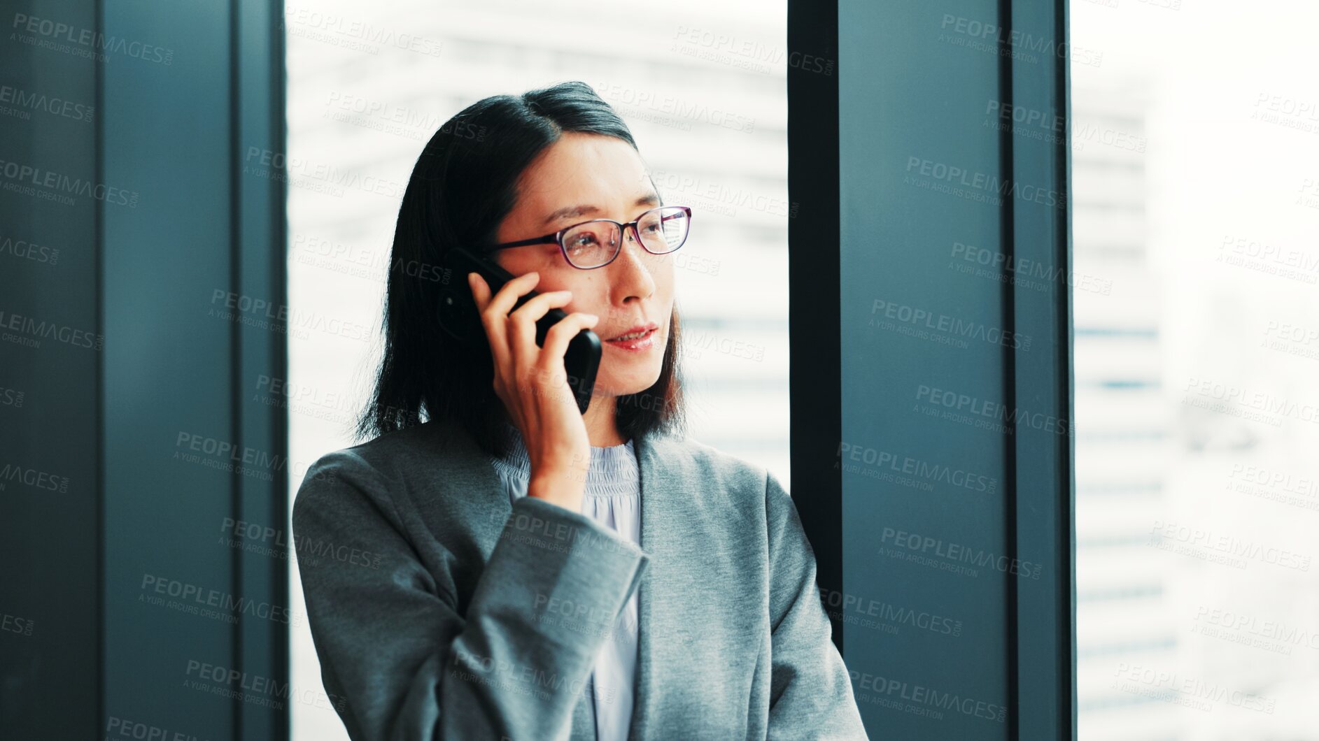 Buy stock photo Japanese, business and woman with phone call in office of talking, planning project and schedule update. Mature accountant, mobile and discussion, finance proposal and investment negotiation in Japan