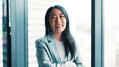 Buy stock photo Happy, crossed arms and portrait of businesswoman in office with confidence for finance career. Smile, pride and Japanese financial manager with positive attitude for company revenue in workplace.