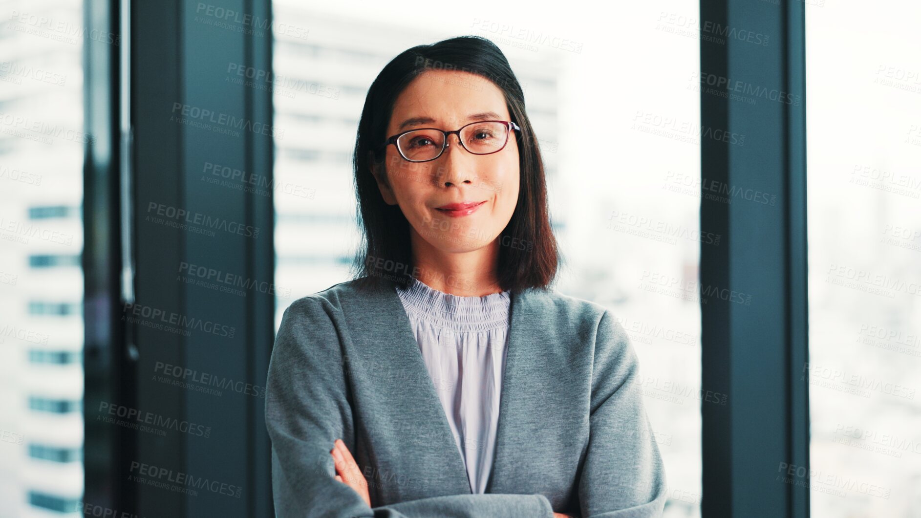 Buy stock photo Smile, crossed arms and portrait of businesswoman in office with confidence for finance career. Happy, pride and Japanese financial manager with positive attitude for company revenue in workplace.