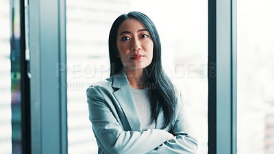 Buy stock photo Serious, crossed arms and portrait of businesswoman in office with confidence for finance career. Corporate, pride and Japanese female financial manager with positive attitude for company revenue.