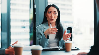 Buy stock photo Office, employees and businesswoman with discussion for report, policy review and court case for law firm. Japan, teamwork and lawyers with advocate for legal documents, feedback and justice progress