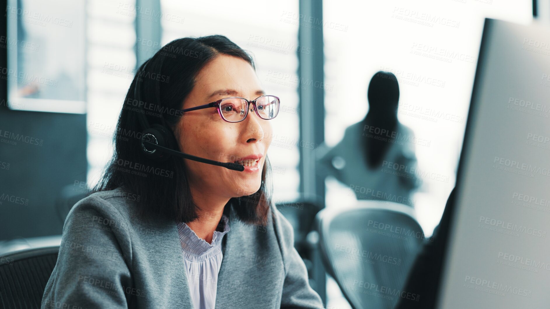 Buy stock photo Woman, telemarketing operator and customer support computer in office, talk and advisor to client. Female person, call centre representative and helping consumer with loan in Japan insurance agency
