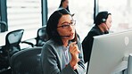 Woman, telemarketing and customer care computer in office, talking and advisor to client. Female person, call centre representative and helping consumer with loan, speaking and Japan insurance agency