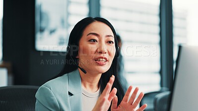 Buy stock photo Woman, computer and customer care agent in office, talking and advisor to client on website. Female person, call centre representative and helping consumer with loan, Japan and insurance agency