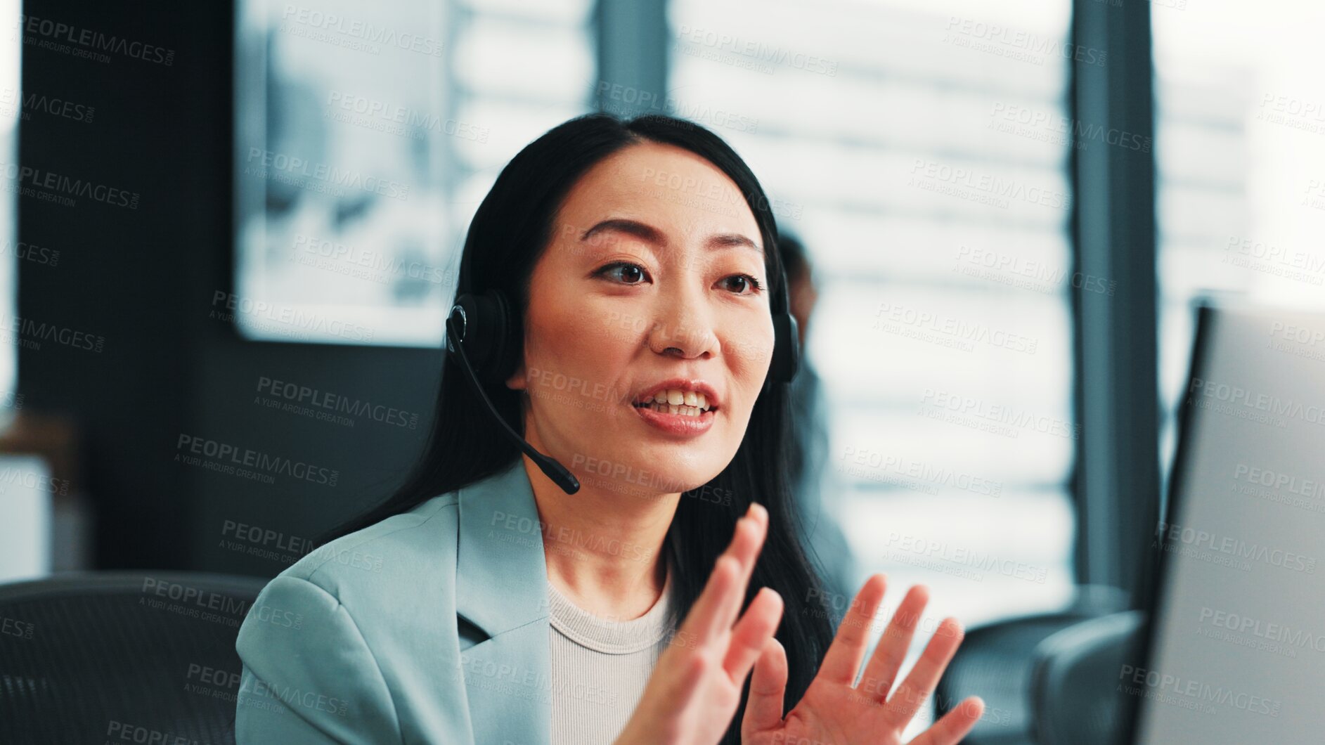 Buy stock photo Woman, computer and customer care agent in office, talking and advisor to client on website. Female person, call centre representative and helping consumer with loan, Japan and insurance agency