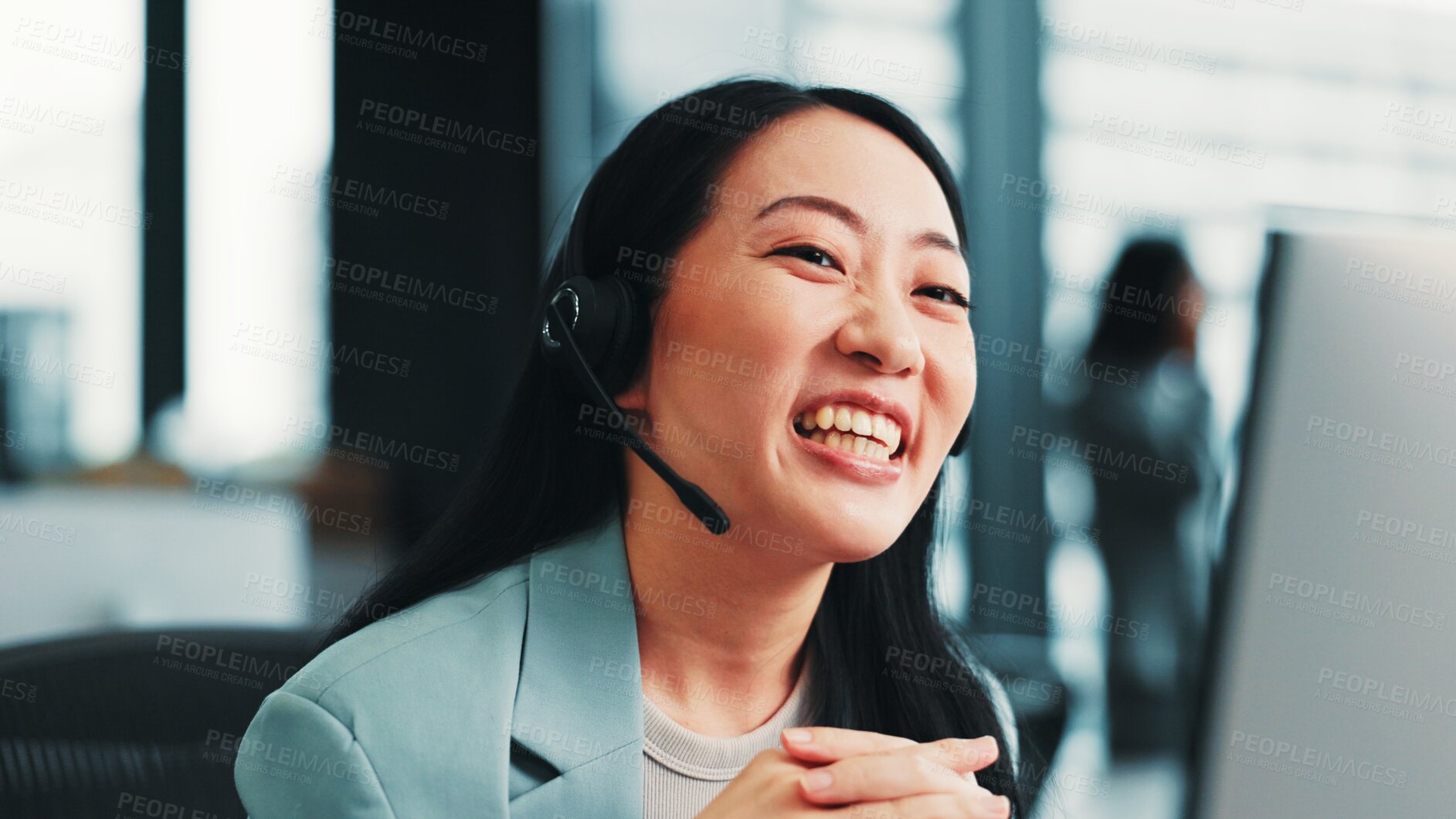 Buy stock photo Woman, computer and customer center agent in office, speaking and advisor to client. Female person, help desk representative and support consumer with loan, Japan and insurance agency on website