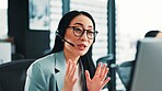 Virtual assistant, telecom help or Japanese woman on computer in call center for consulting or loan advice. Explain, consultant or agent on pc with service for telemarketing or sales communication