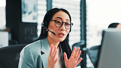 Buy stock photo Virtual assistant, telecom help or Japanese woman on computer in call center for consulting or loan advice. Explain, consultant or agent on pc with service for telemarketing or sales communication